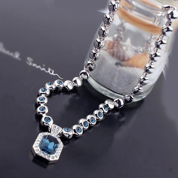 Silver-Plated Blue Crystal Stud Pendant Necklace for Women/Girls image 0