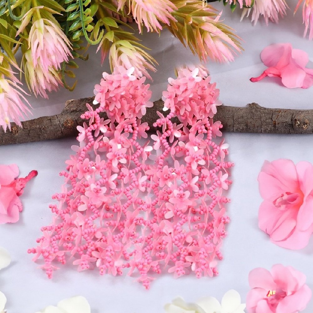 Pink Beaded Floral Classic Tassel Earrings image 1