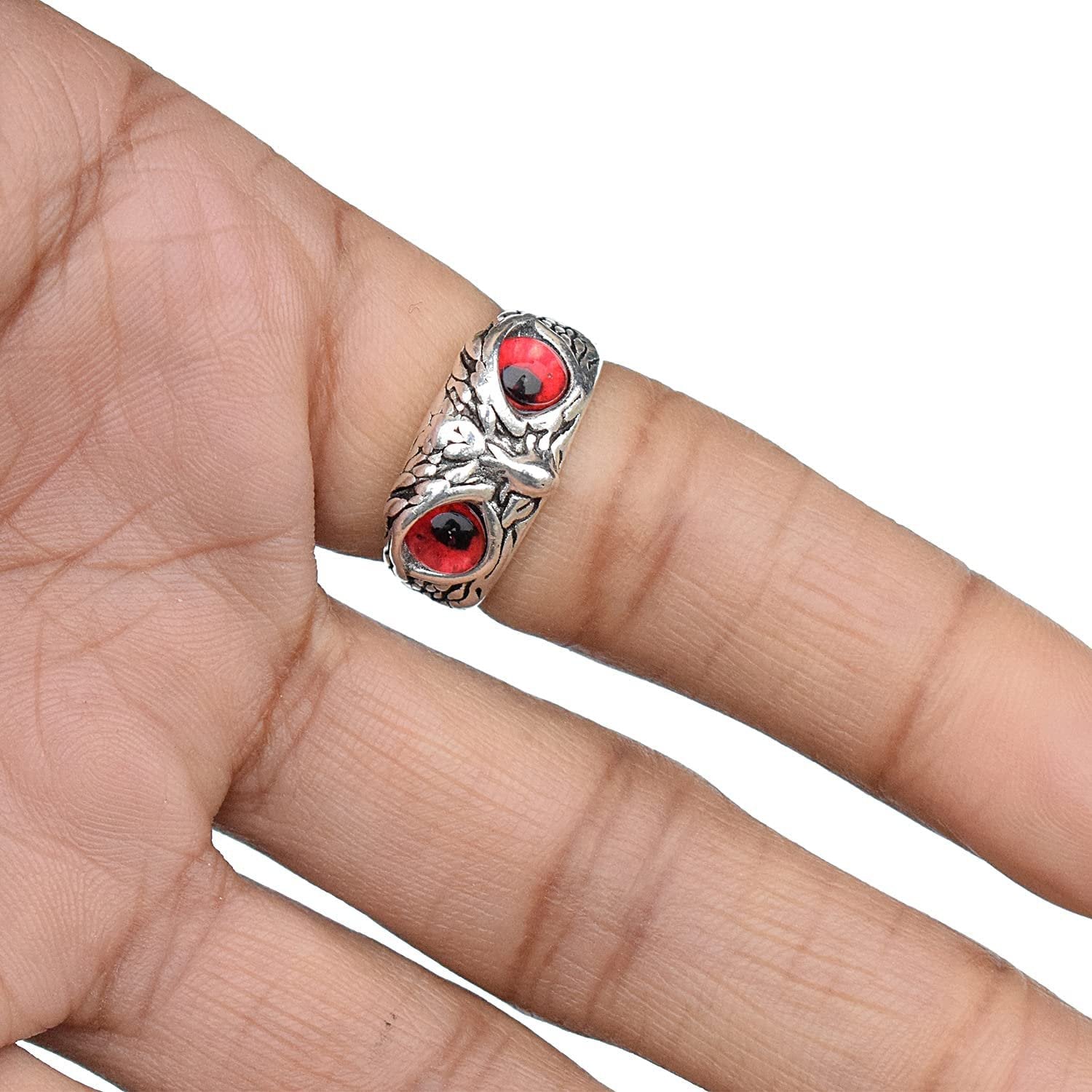 Oxidized Silver Crystal Studded Red Owl Eye Finger Ring image 1