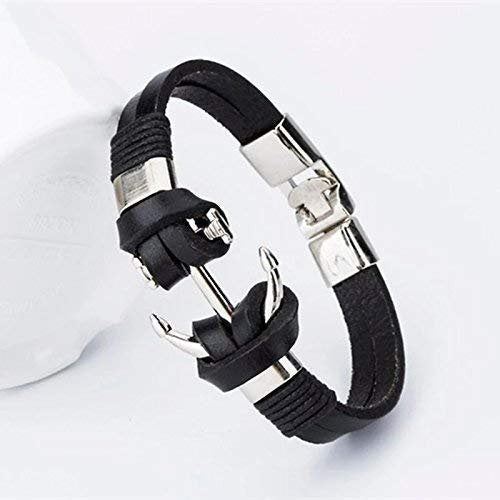 Unisex Silver-Plated Anchor Black Leather Bracelet image 3