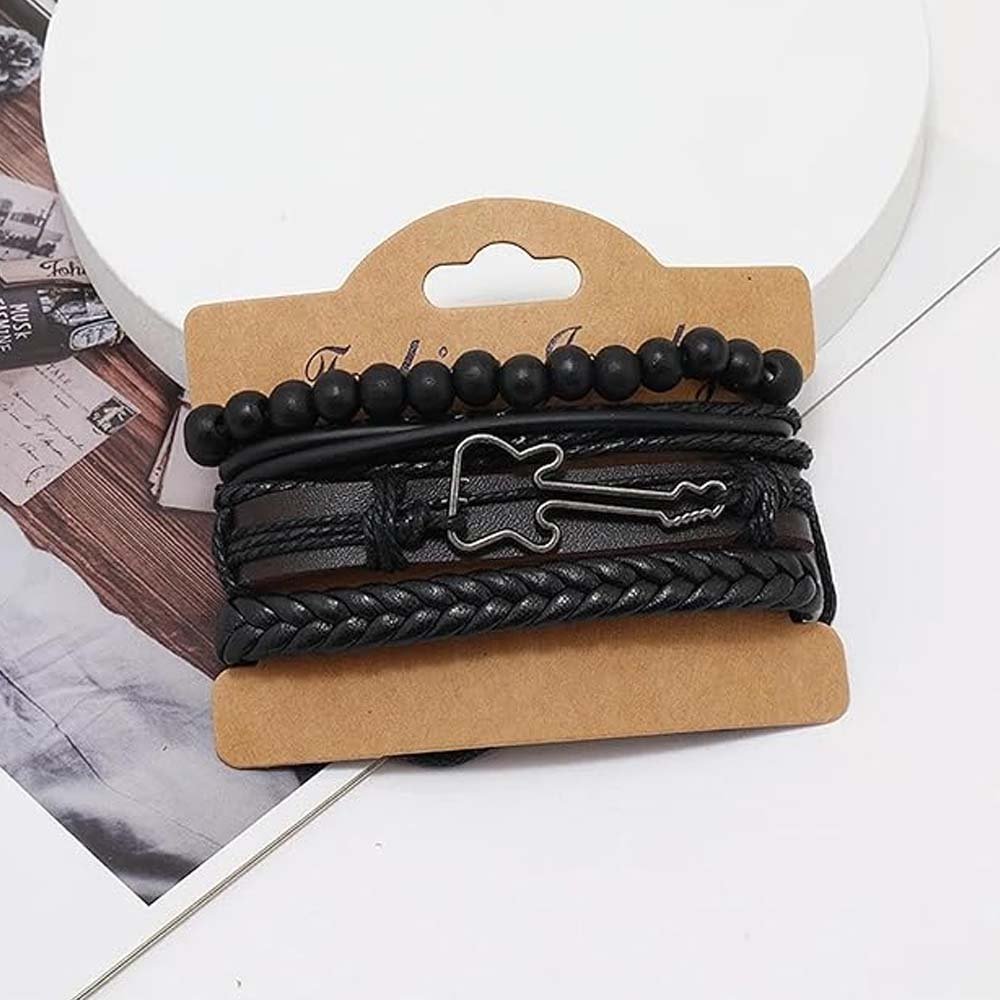 Men's Silver-Plated Guitar Beaded Leather Bracelet image 1