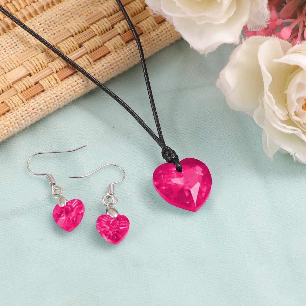 Pink Crystal Heart Pendant Necklace and Earrings Set image 2