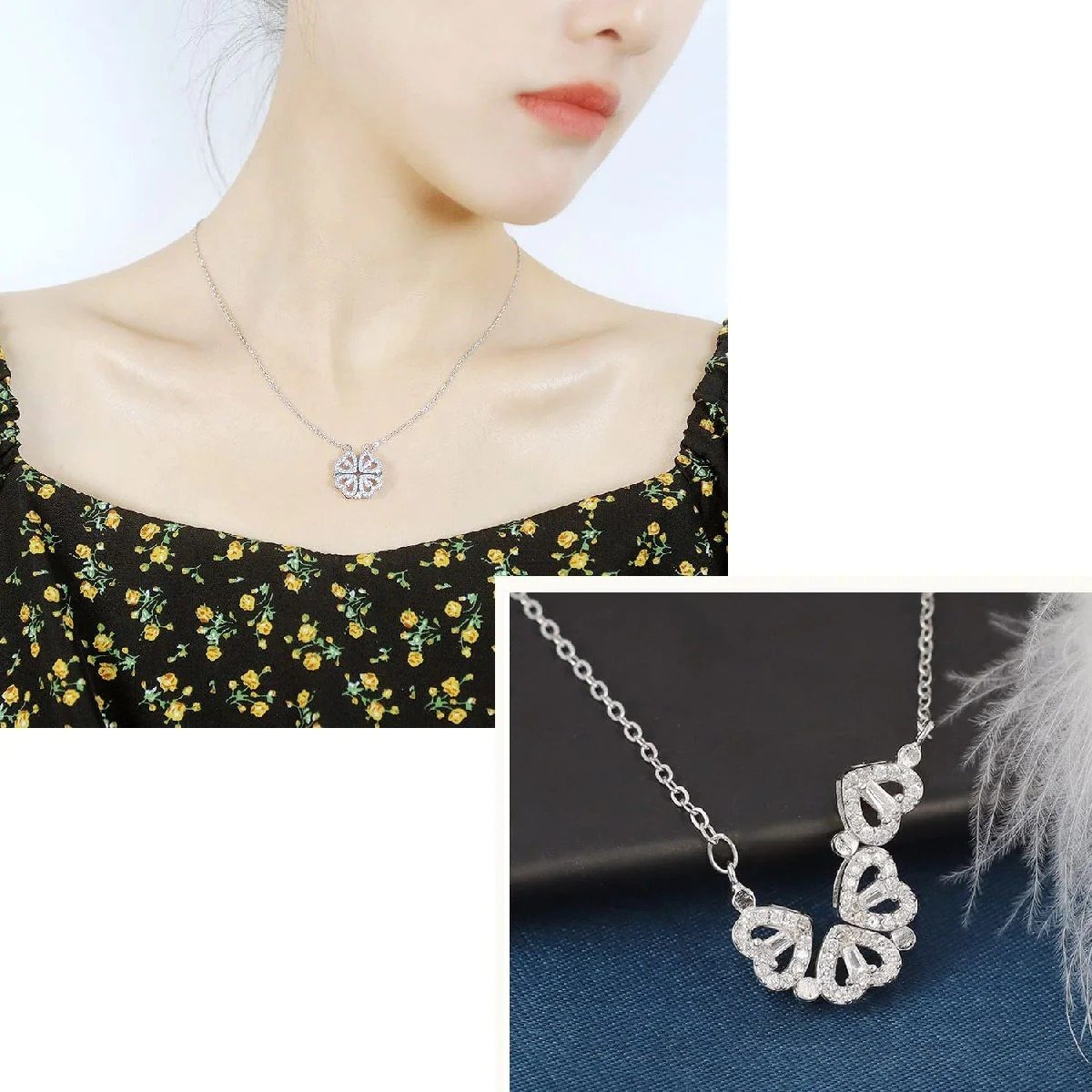 Silver-Plated Crystal Magnetic Clover Heart Pendant Necklace image 4