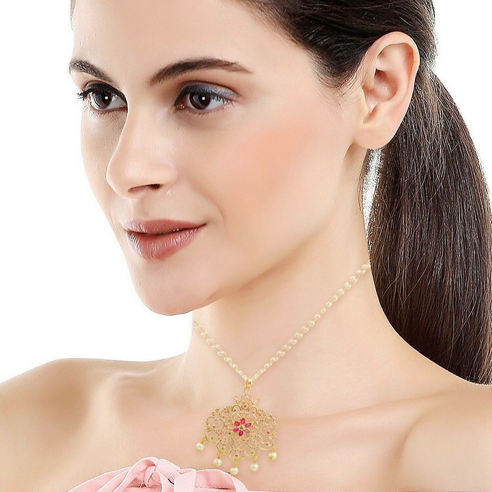 American Diamond (A/D) Pearl Studded Gold-Plated Necklace image 2