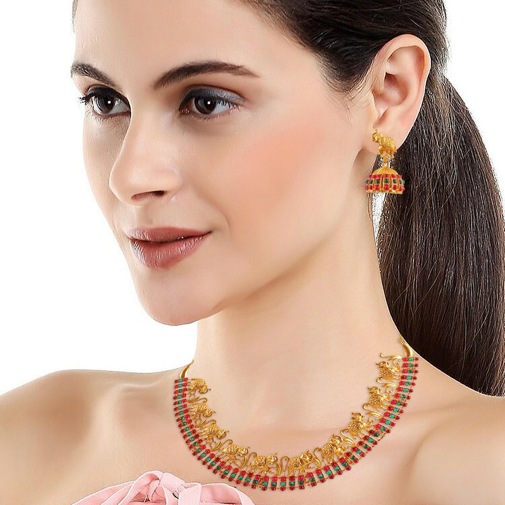 Gold-Plated Red & Green Stone Elephant Choker Jewellery Set image 3