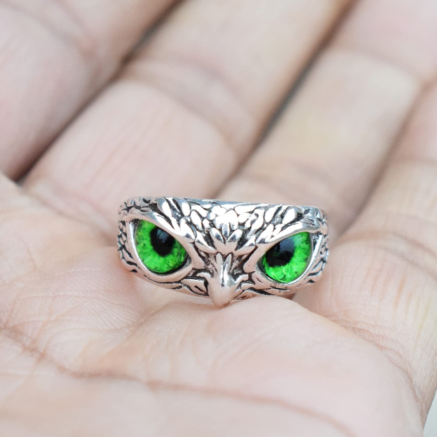 Oxidised Silver Owl Ring Green Cat Eyes Adjustable Finger Ring image 3