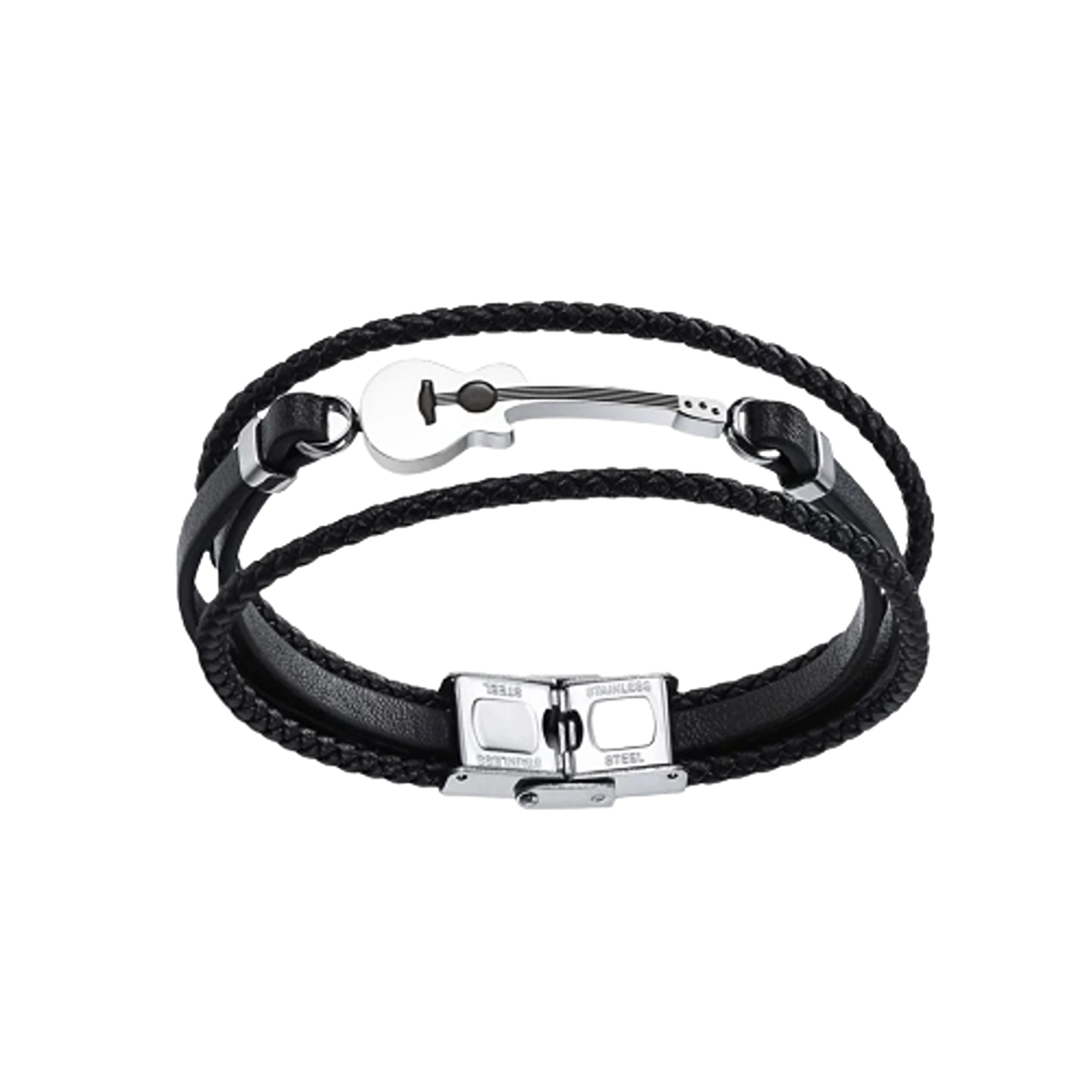 Silver-Plated Guitar Motif on Black PU Leather Bracelet for Men image 3
