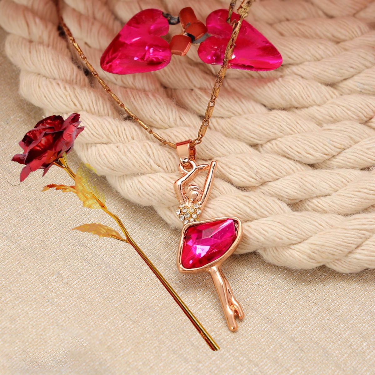 Valentine's Day Dancing Doll Pendant Chain & Red Rose Combo Set image 0