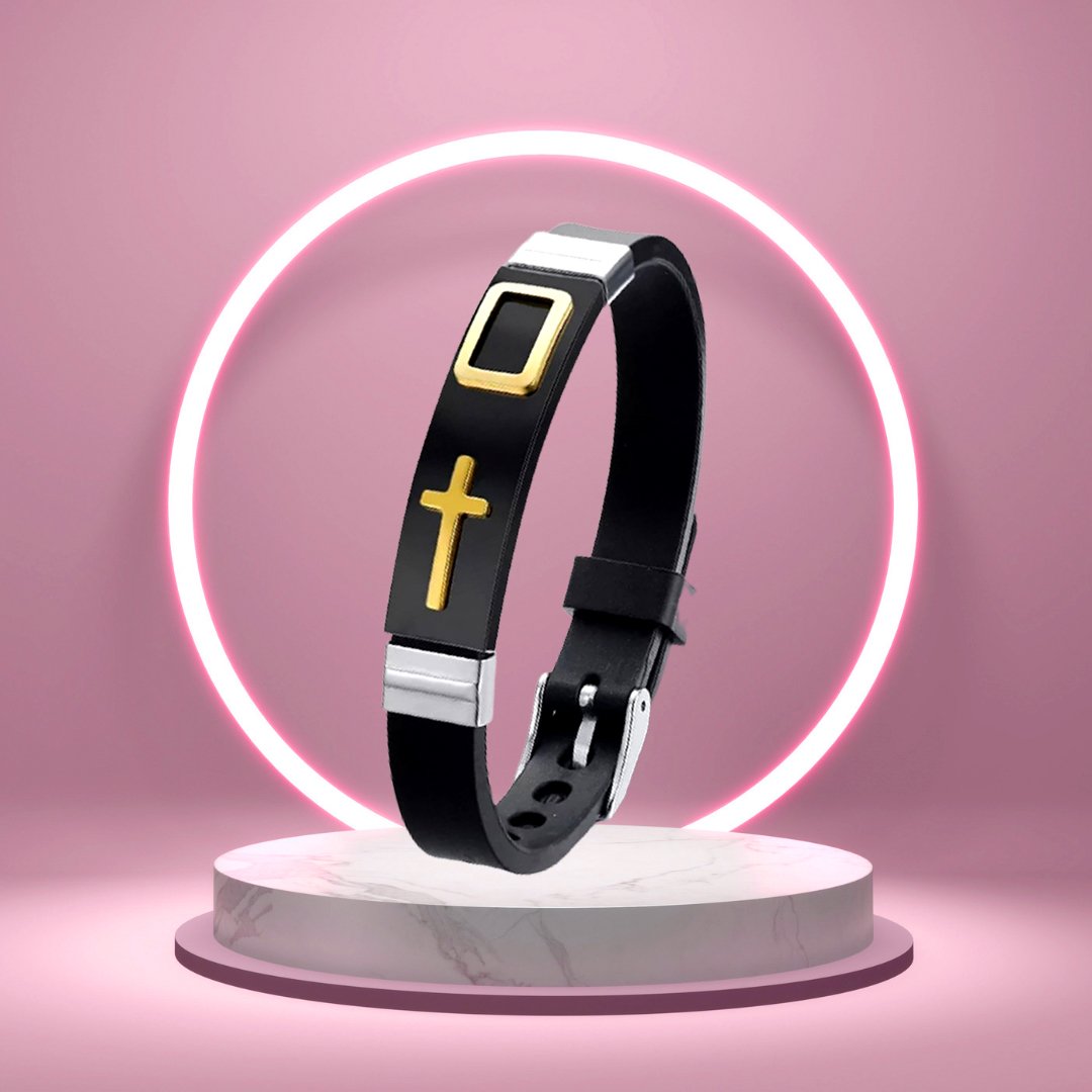 Men's Silver-Plated Mesh Cross Engraved Black P U Leather Raised Bracelet image 0