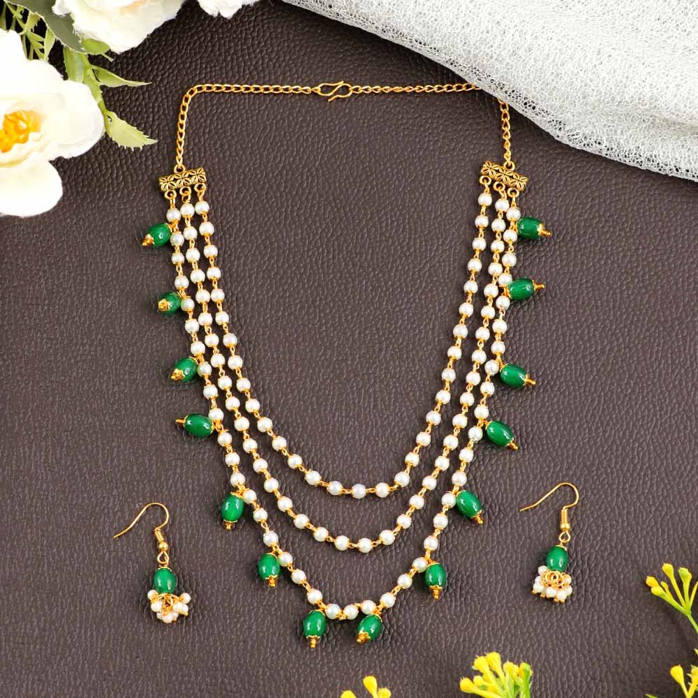 Gold-Plated Triple Layered Green & White Pearl Jewellery Set image 0