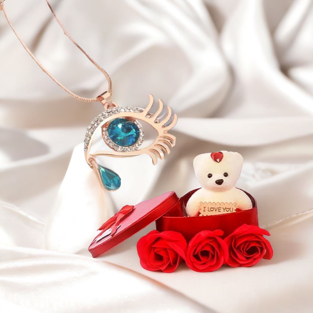 Valentine's Day Jewelry Gift Set Angel Blue Eye Pendant Chain Necklace with Red Teddy image 1