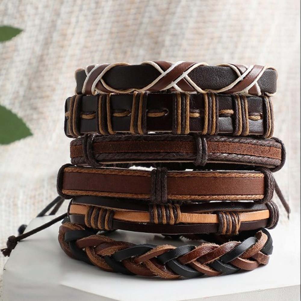 Brown Multi-String Leather Bracelet Set (Pack of 6) image 2