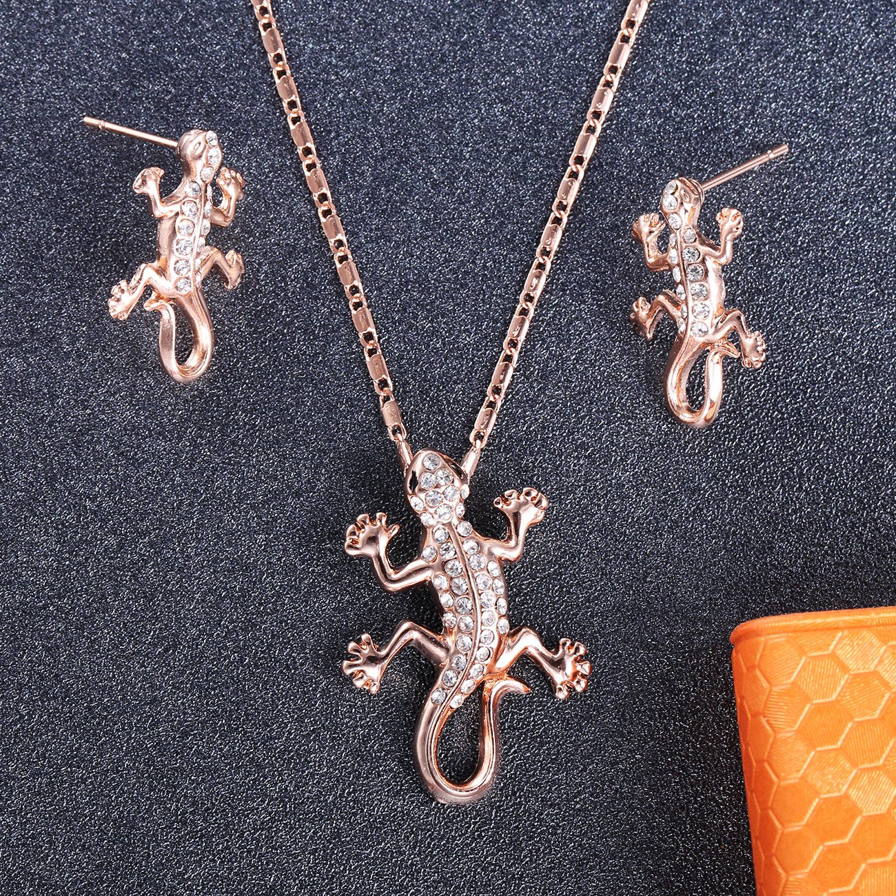 Gold-Plated Crystal Lizard Necklace & Earrings Set image 0