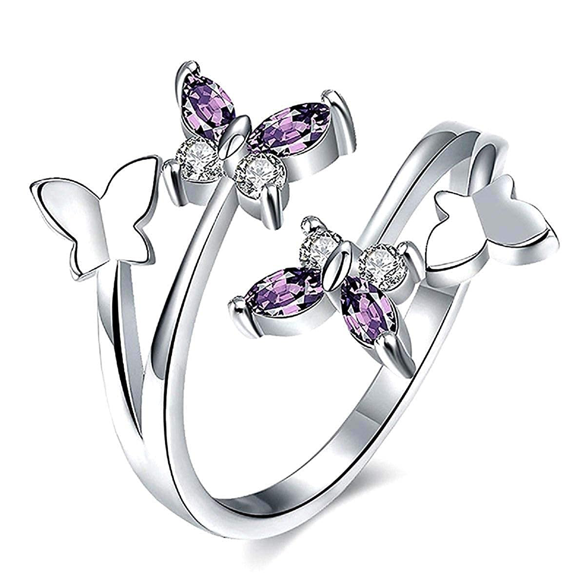 Elegant Silver-Plated Purple Crystal Butterfly Ring image 1