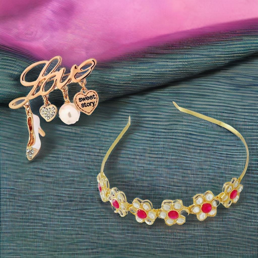 Elegant Accessories Kundan-Studded Floral Hairband with Free Brooch Gift image 0