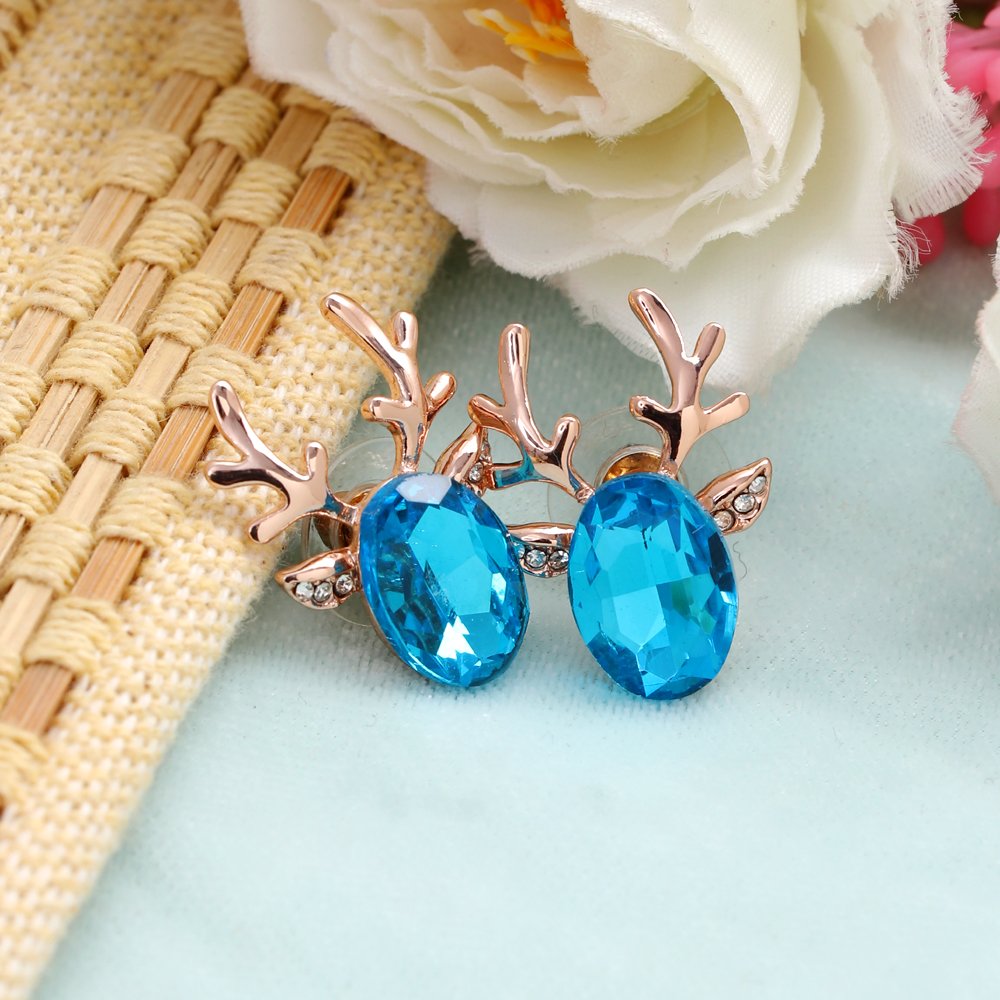 Gold-Plated Blue Crystal Dear Shape Studs Earrings image 1