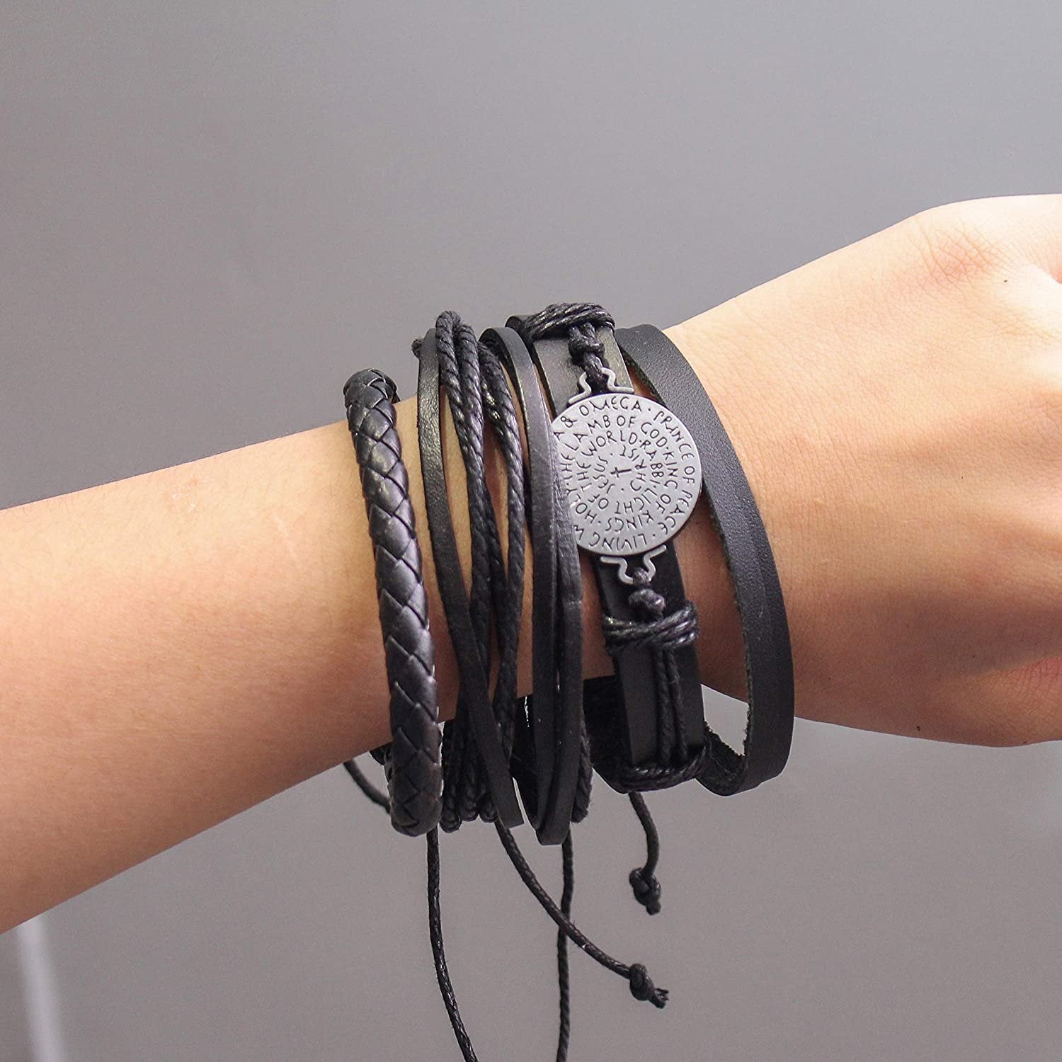 Oxidised Silver Black Leather Bracelets for Men - Set of 4 image 1