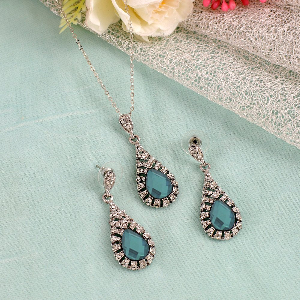 Silver-Plated Green Crystal Retro Drop Necklace & Earring (Jewellery Set) image 2
