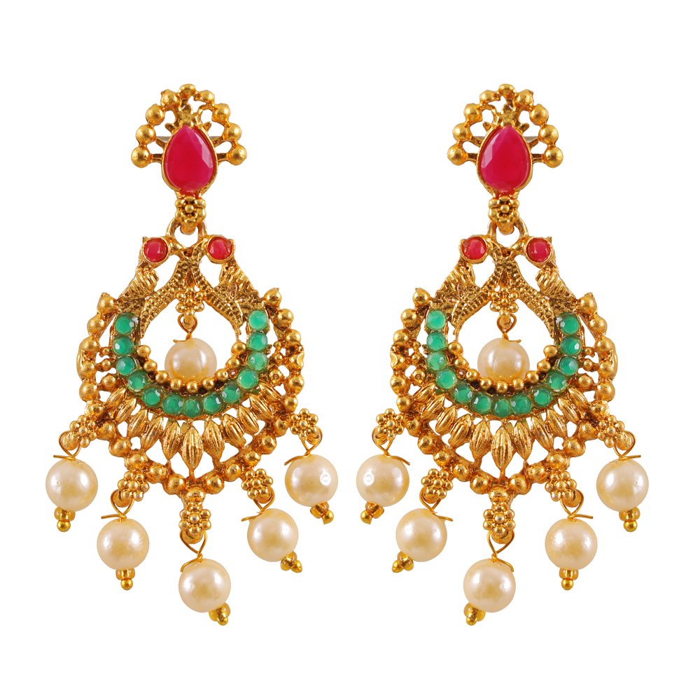 Gold-Plated Traditional Red & Green Stone Dual Semi Bridal Jewellery Set image 4