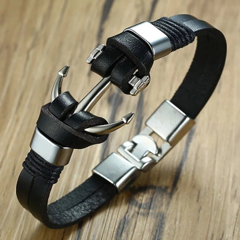 Unisex Silver-Plated Anchor Black Leather Bracelet image 1