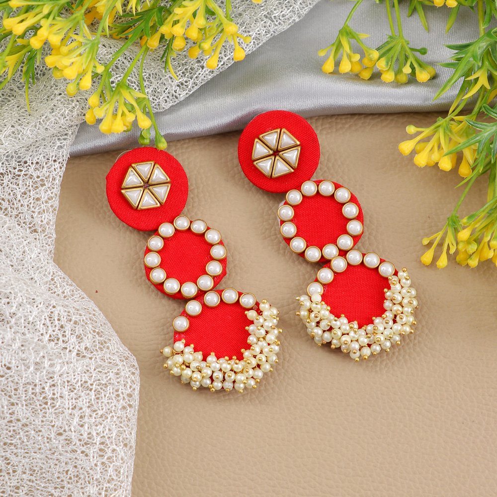 Red Fabric Triple Layered Pearl Dangle Earrings image 2