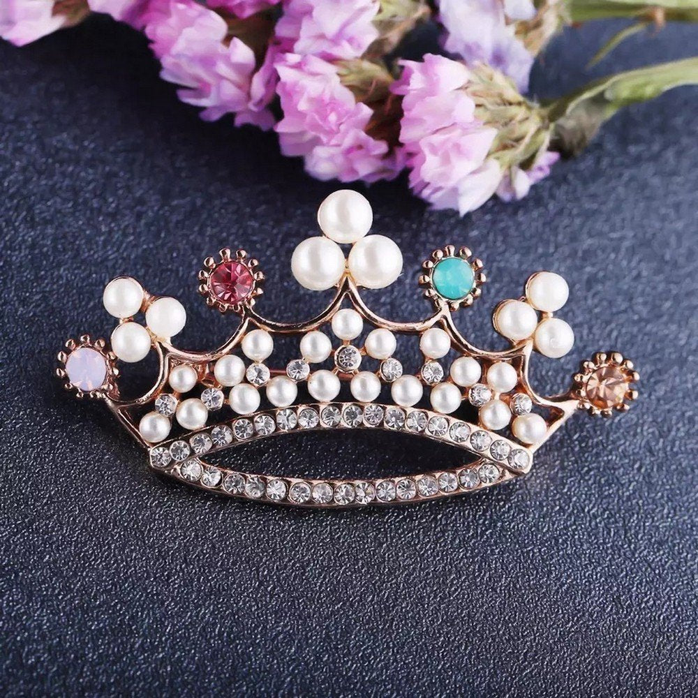 Gold-Plated Pearl/Stone Crown Brooch for Women/Girls image 0