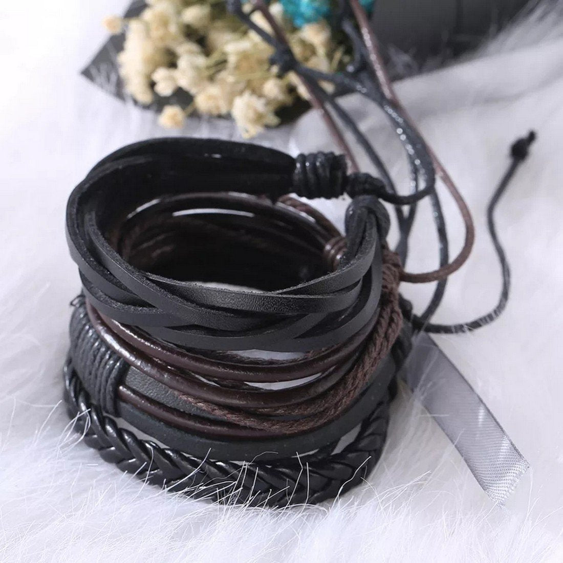 Men's Casual Black & Brown Multi-String Wrap Bracelet Set (4 Pieces) image 3