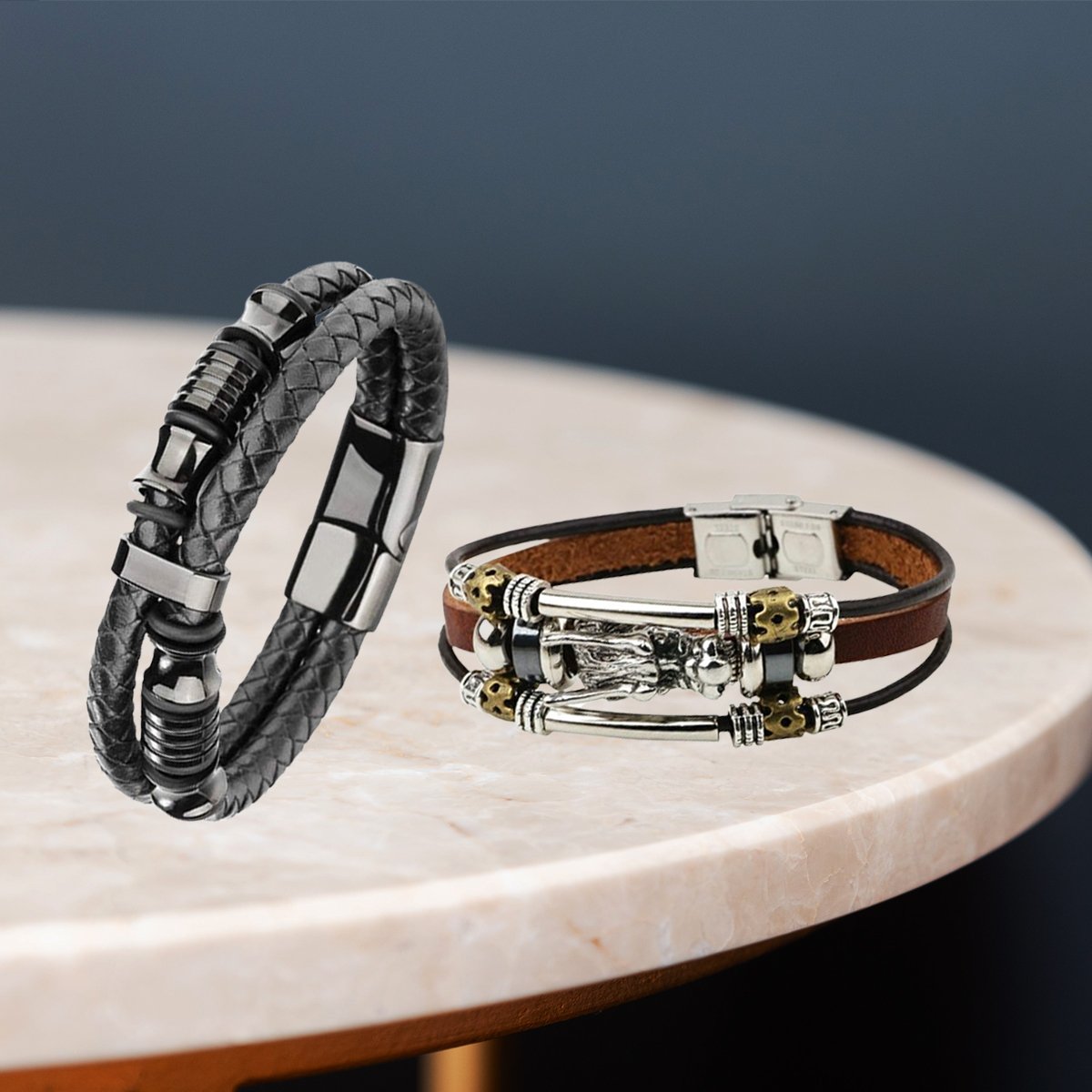 Men's Leather Silver-plated Black-Brown Bracelet Combo (Pack of 2) image 0