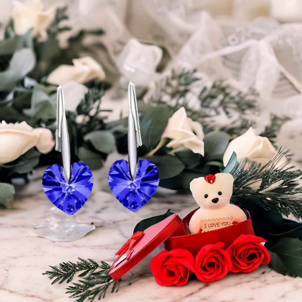 Heart Stud Drop Earrings With Red Teddy Bear Gift Combo Set image 2