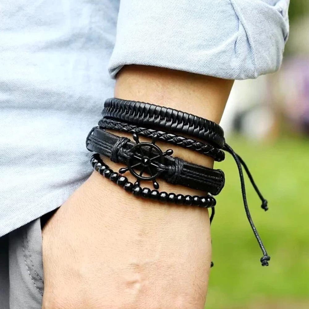Men's Multi-String Black Beaded Wrap Bracelet with Wheel Design image 4