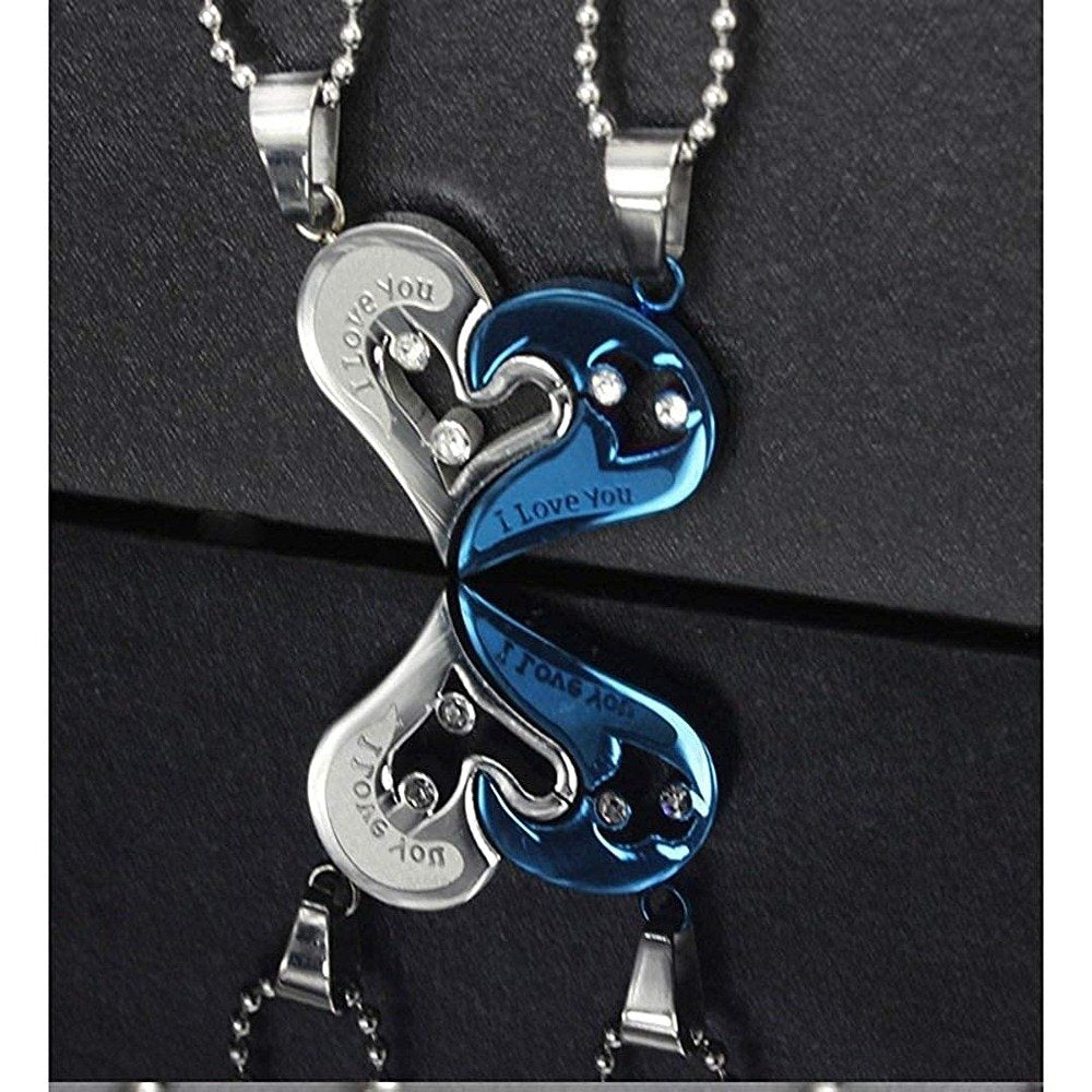 Dual-Tone Blue Heart Locket Couple Double Chain Pendant Necklace for Men/Women image 0