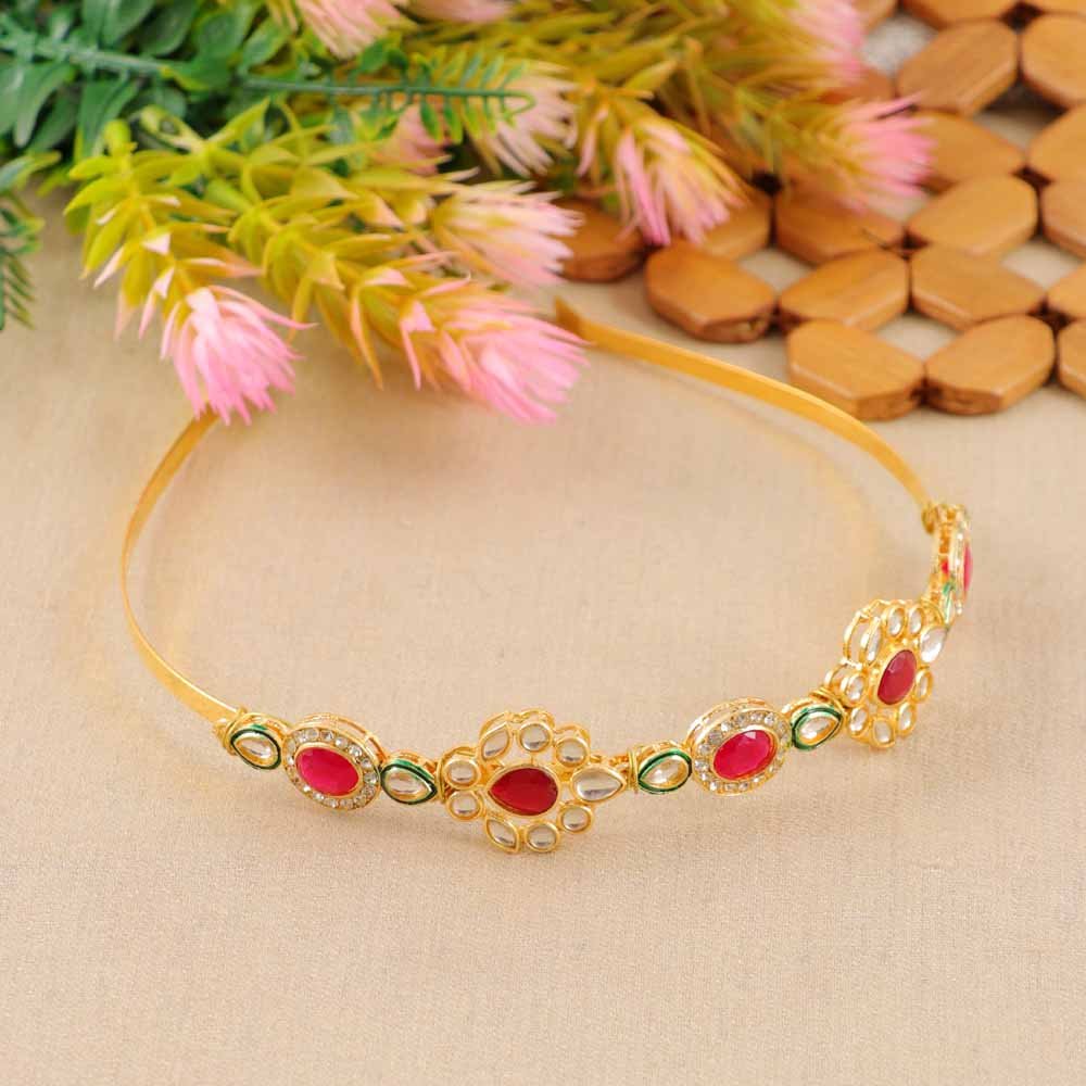 Kundan-Meenakari Floral Hairband Perfect Combo Set with Free Brooch Gift (Pack of -3 ) image 3
