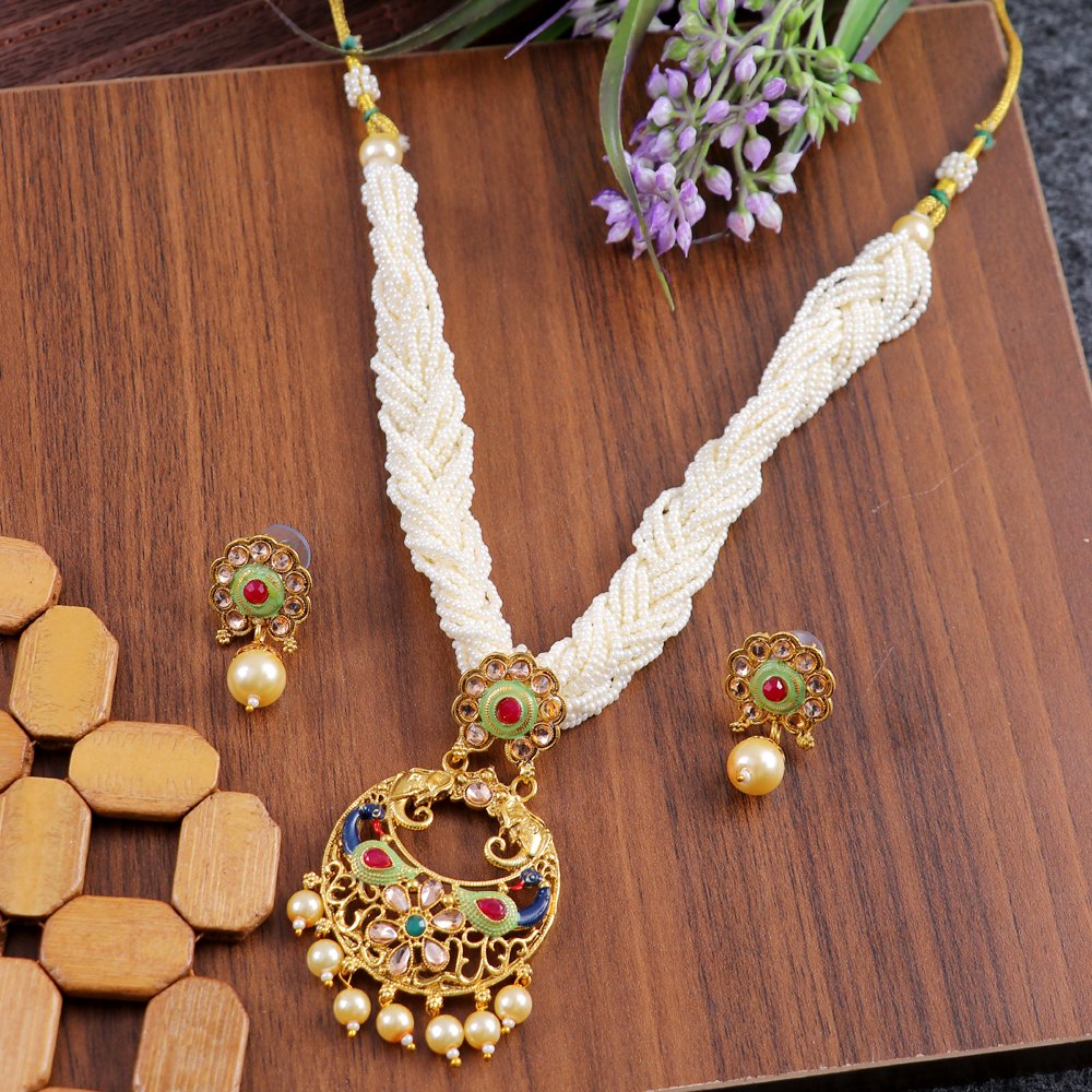 Gold-Toned Studded White Pearl Beaded Meenakari Jewellery Set image 4