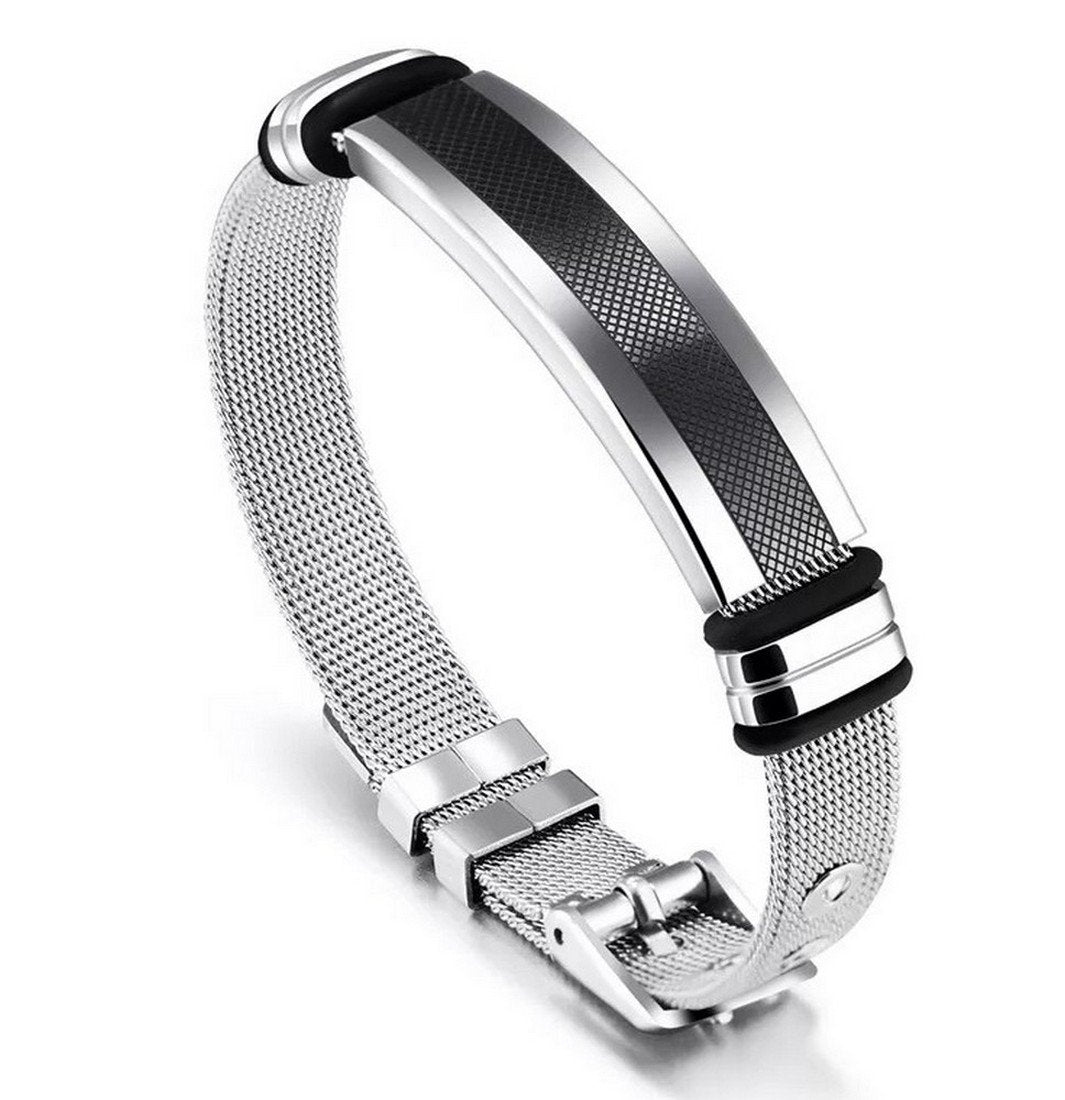 Men's Black Silver-Plated Watch Stripe Wrist Band Bracelet image 2