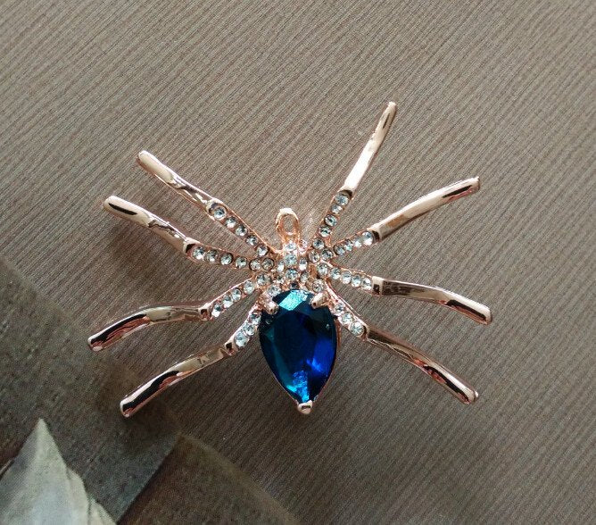 Gold-Plated Blue Crystal Spider Brooch image 0