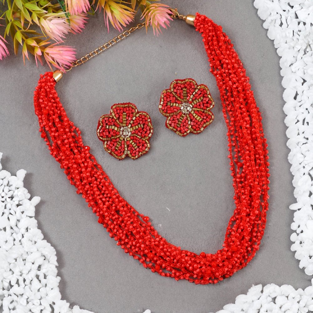 Handcrafted Red Beaded peral Jewellery Set image 2