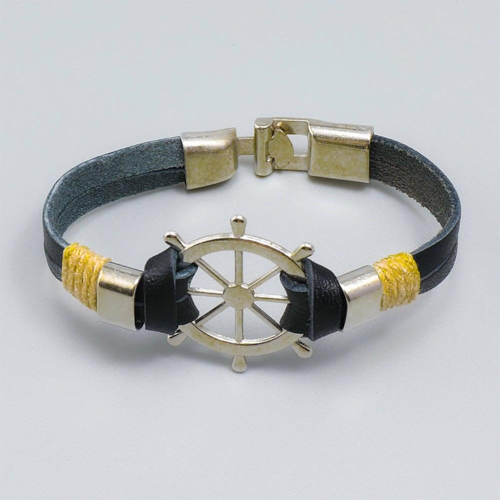 Men's Silver-Plated Wheel Black PU Leather Band Bracelet image 0