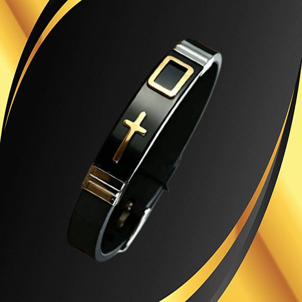 Men's Silver-Plated Mesh Cross Engraved Black P U Leather Raised Bracelet image 1