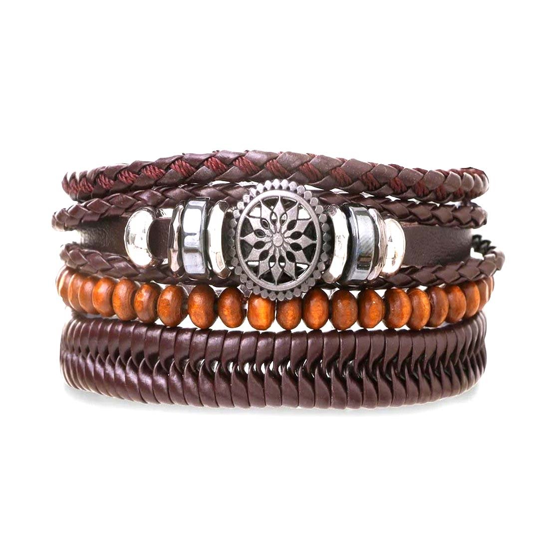 Men's Silver-Plated Floral Multistring Brown Wrap Bracelet image 2