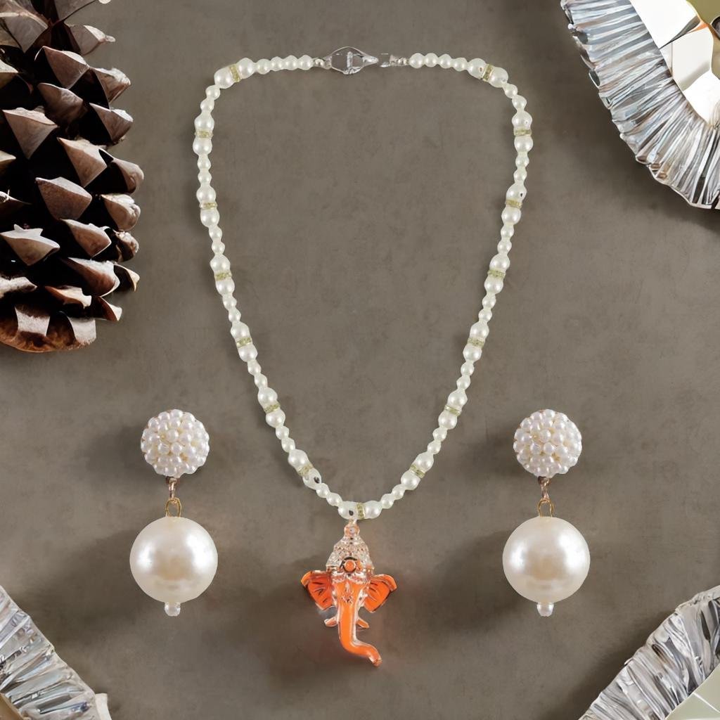 Gold-Plated Pearl Ganesh Pendant Necklace & Earrings (jewellery Set) image 1