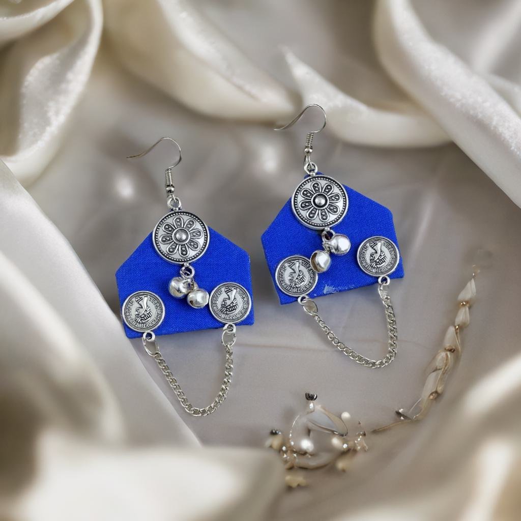 Royal Blue Fabric Chain String Dangler Earrings image 5