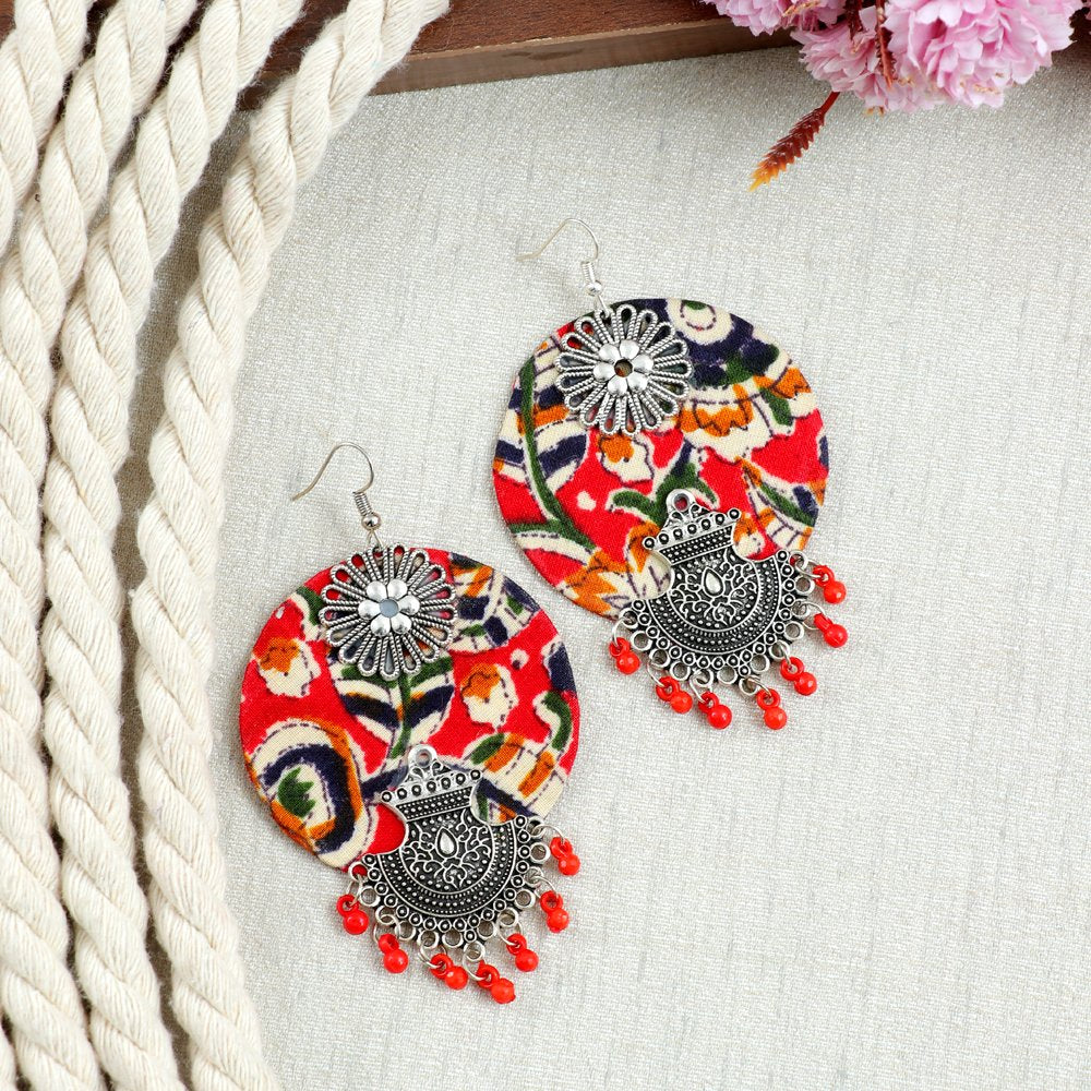 Handmade Red Fabric Madhubani Beaded Dangler Earrings image 2