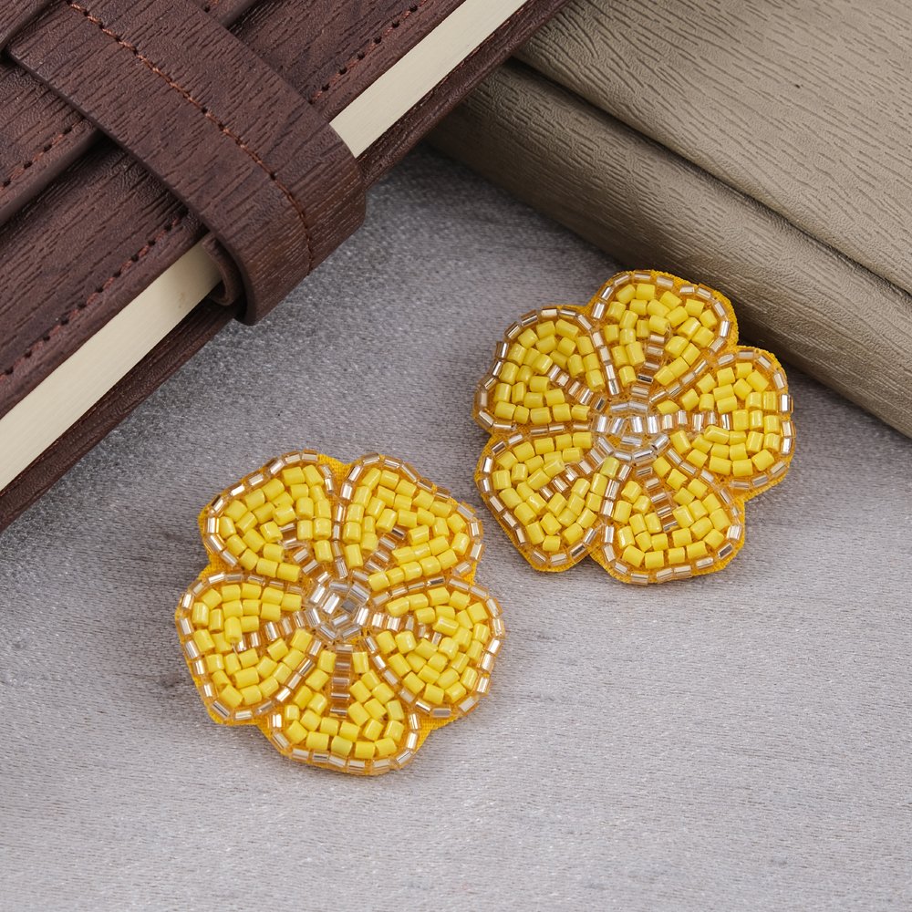 Handmade Yellow Floral-Beaded Stud Earrings For Women/Girl's image 3