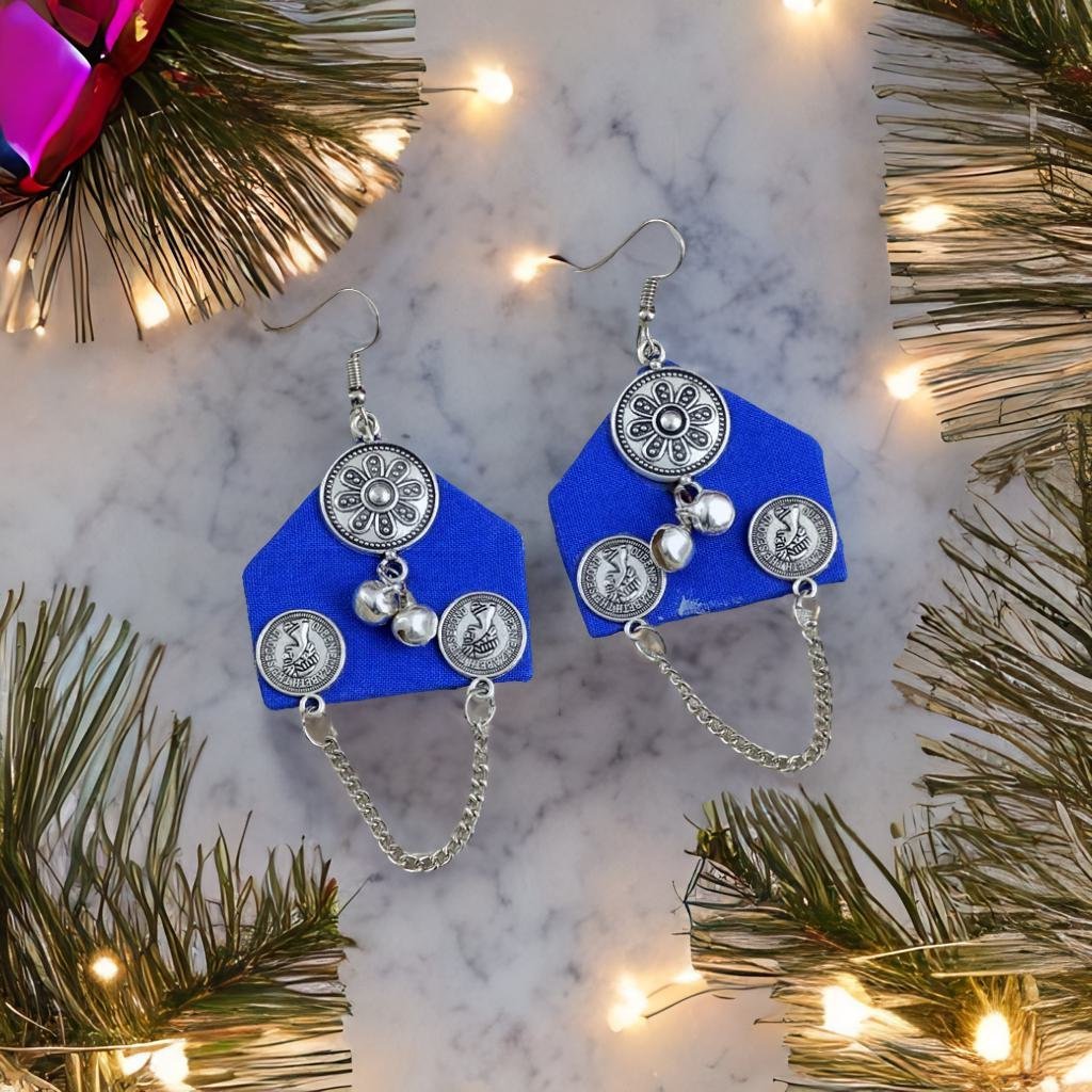 Royal Blue Fabric Chain String Dangler Earrings image 6