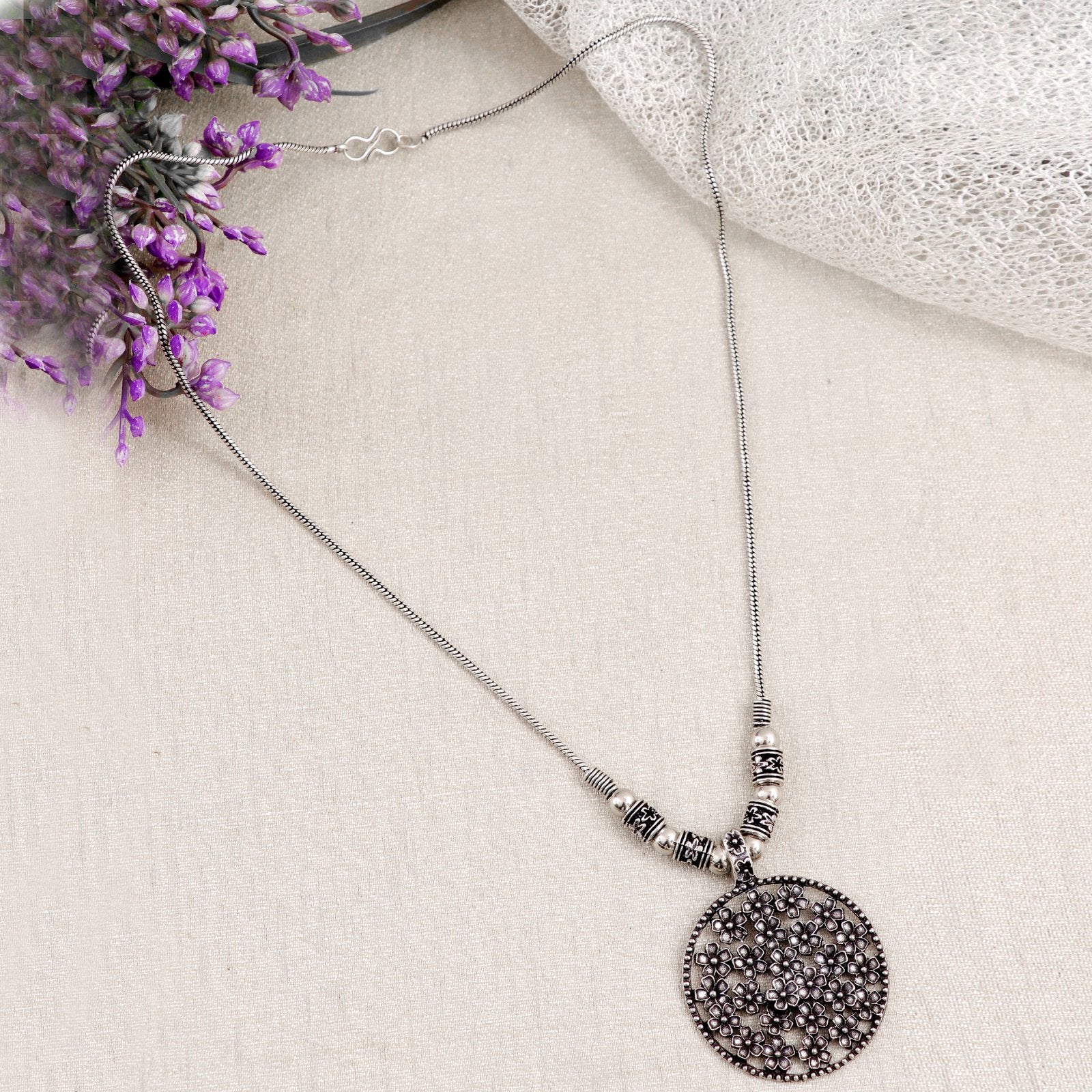 Oxidised Silver Long Floral Pendant Necklace image 3