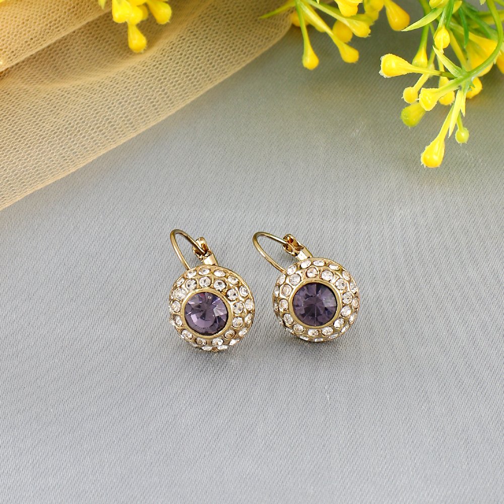 Purple Stone-Studded Gold-Plated Clip-On Lever-Back Drop Earrings image 0