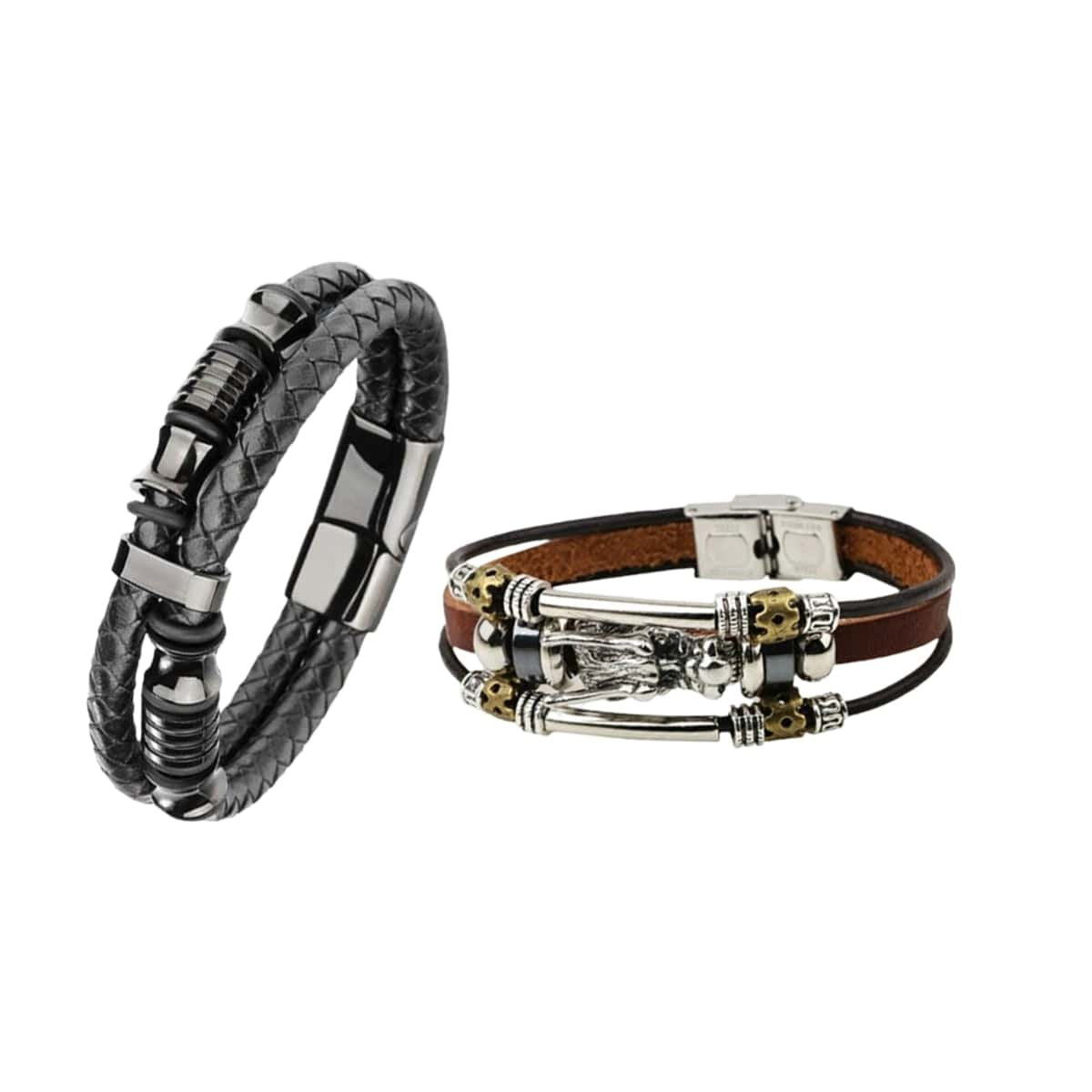 Men's Leather Silver-plated Black-Brown Bracelet Combo (Pack of 2) image 1