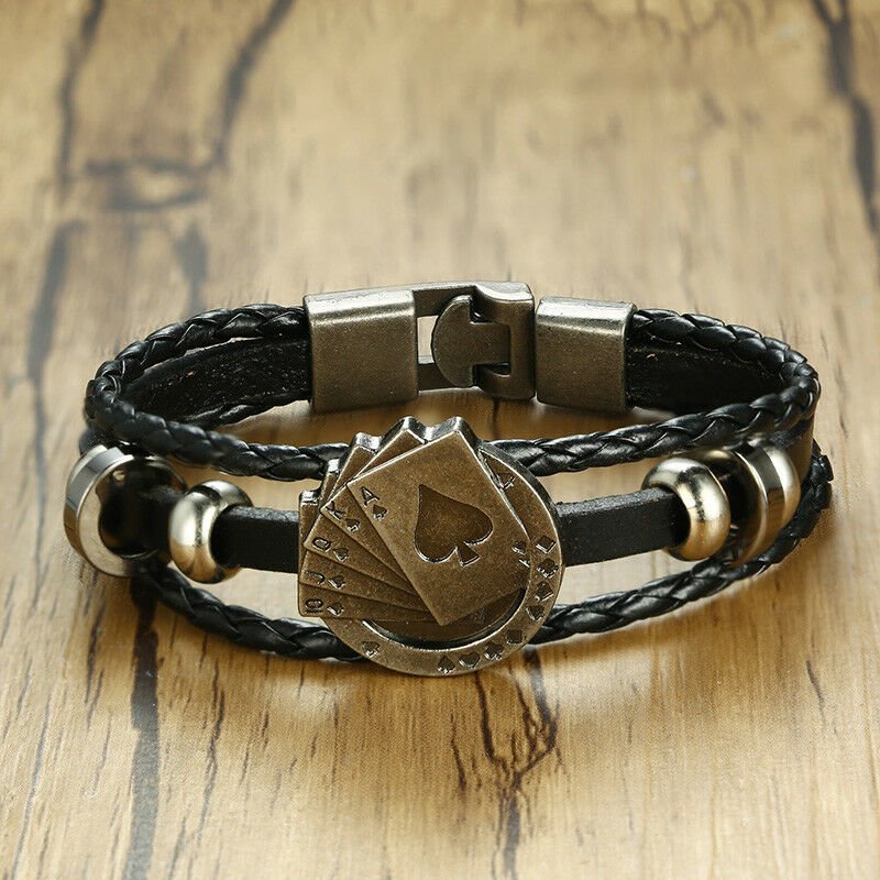 Men's Oxidised Silver Playing Cards Black Leather Bracelet image 2