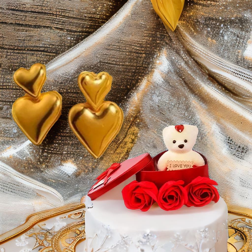 Gold Heart Earrings with Red Teddy Bear Gift Combo Set image 1