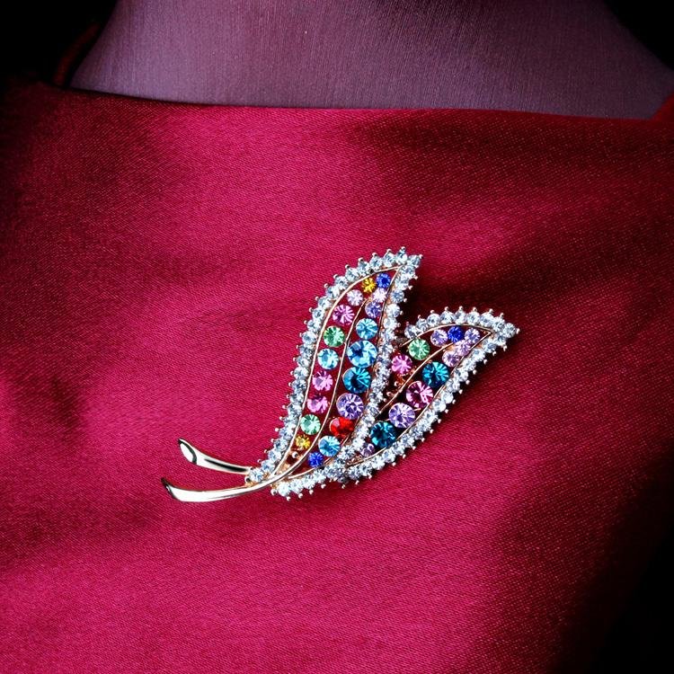 Gold-Plated Multicolor Crystal Leaf Shape Brooch For Women/Girl's image 1